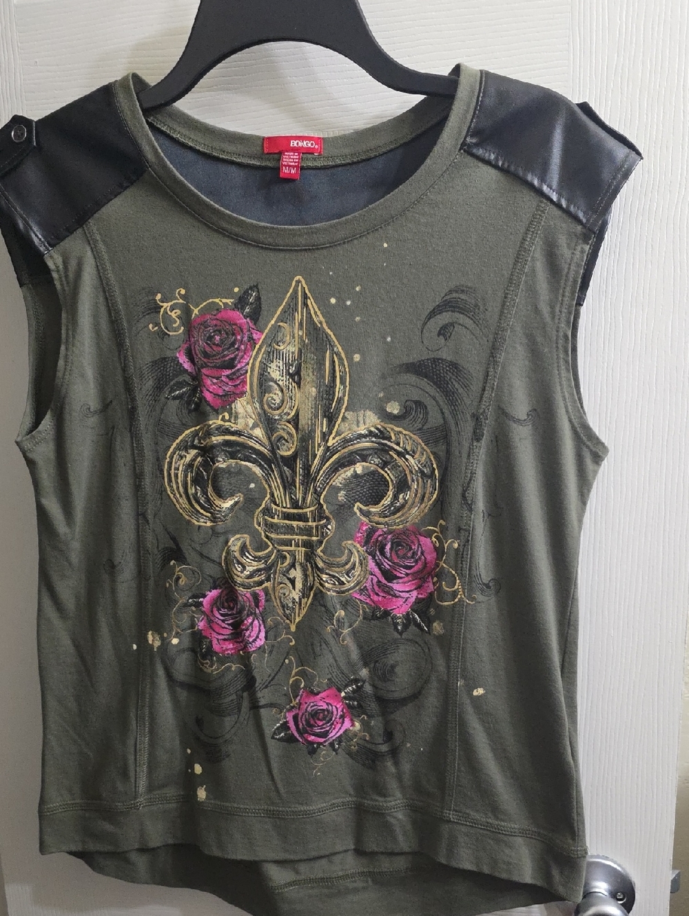 BONGO Olive Tank with Gold Fleur-de-Lis & Pink Rose Detail Faux Leather Shoulder